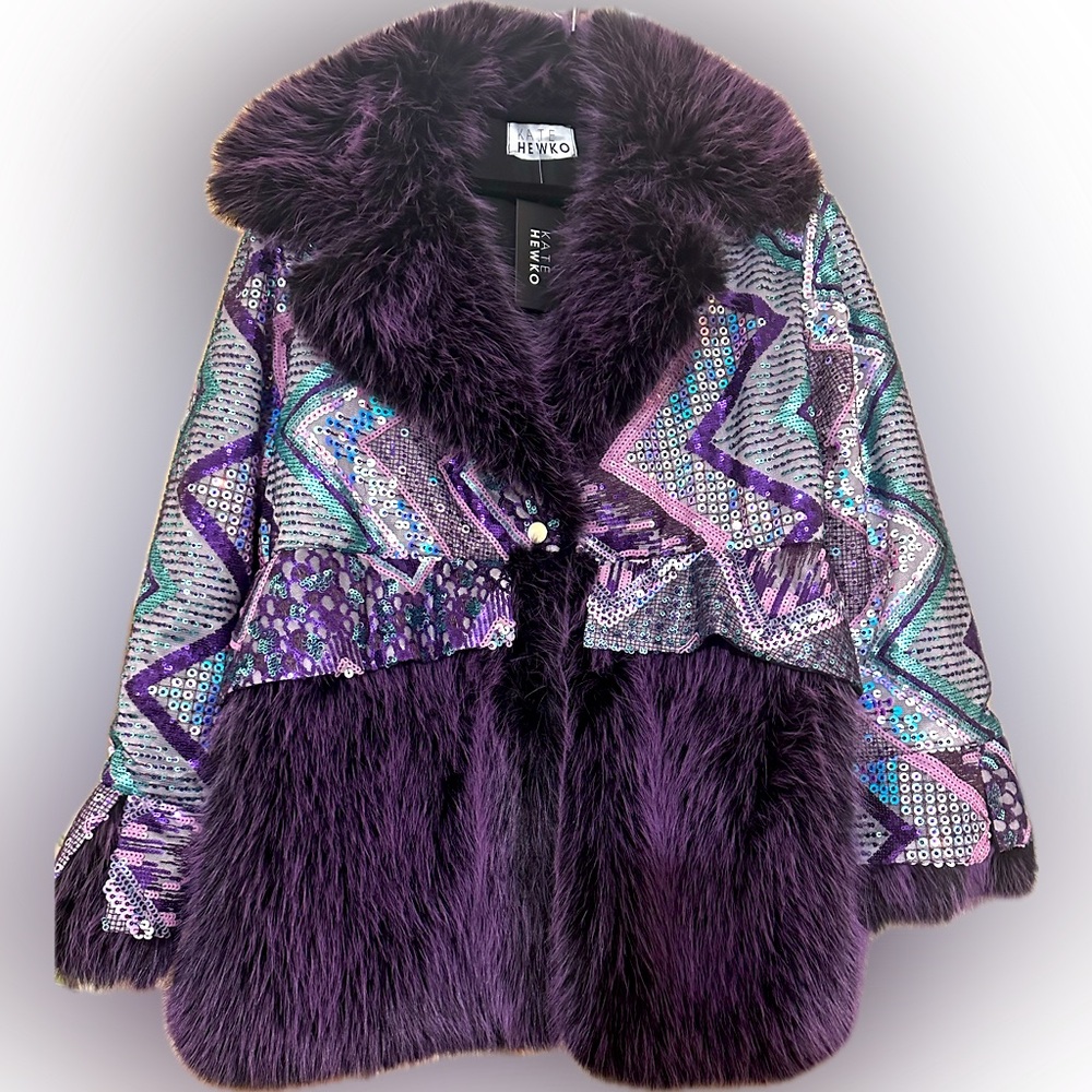 Kate Hewko GEOMETRIC SEQUIN FAUX FUR JACKET